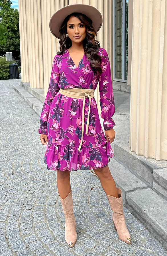 Bloemen V-hals Jurk Lauren Magenta 5 Bloemen V-hals Jurk Lauren Magenta - Afbeelding 5