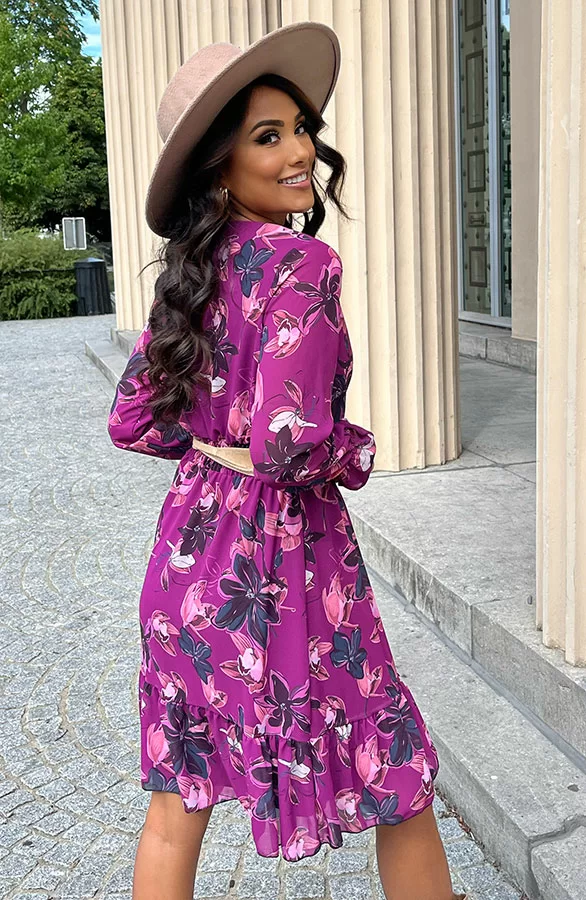 Bloemen V-hals Jurk Lauren Magenta 4 Bloemen V-hals Jurk Lauren Magenta - Afbeelding 4