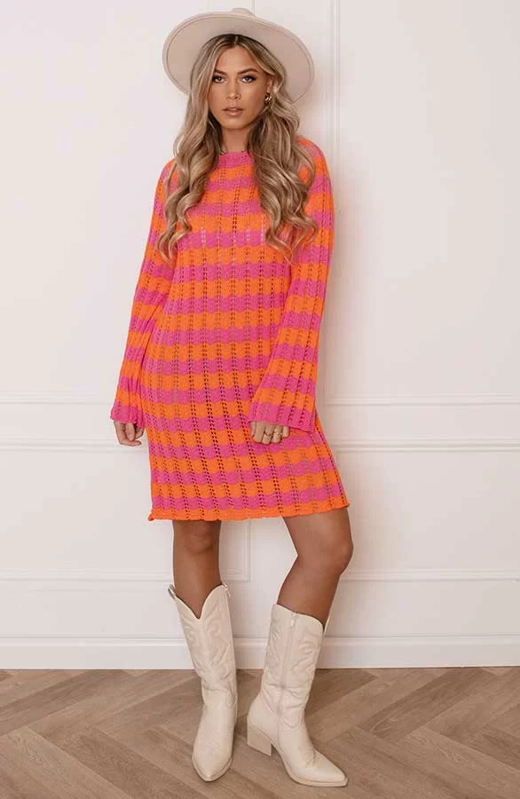 Gehaakte Wavy Jurk Maura Roze Oranje 6 Gehaakte Wavy Jurk Maura Roze Oranje - Afbeelding 6