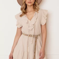 Katoenen Ruches Jurk Dunja Beige