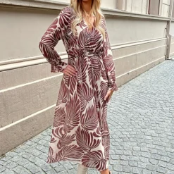 Lange Jurk Met Bladeren Cassie Beige