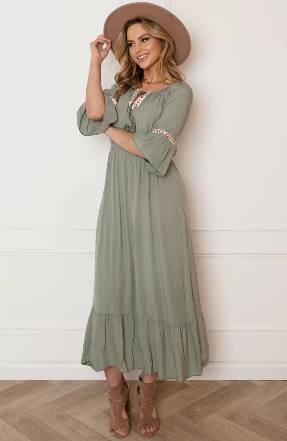 Maxi Offshoulder Jurk Laila Army 8 Maxi Offshoulder Jurk Laila Army - Afbeelding 8