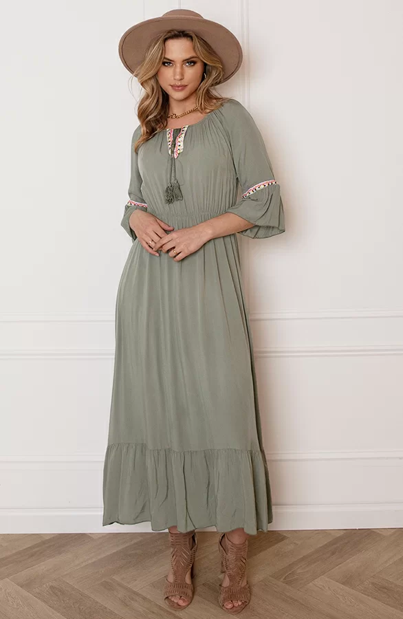 Maxi Offshoulder Jurk Laila Army 5 Maxi Offshoulder Jurk Laila Army - Afbeelding 5