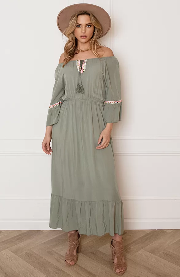 Maxi Offshoulder Jurk Laila Army 1 Maxi Offshoulder Jurk Laila Army