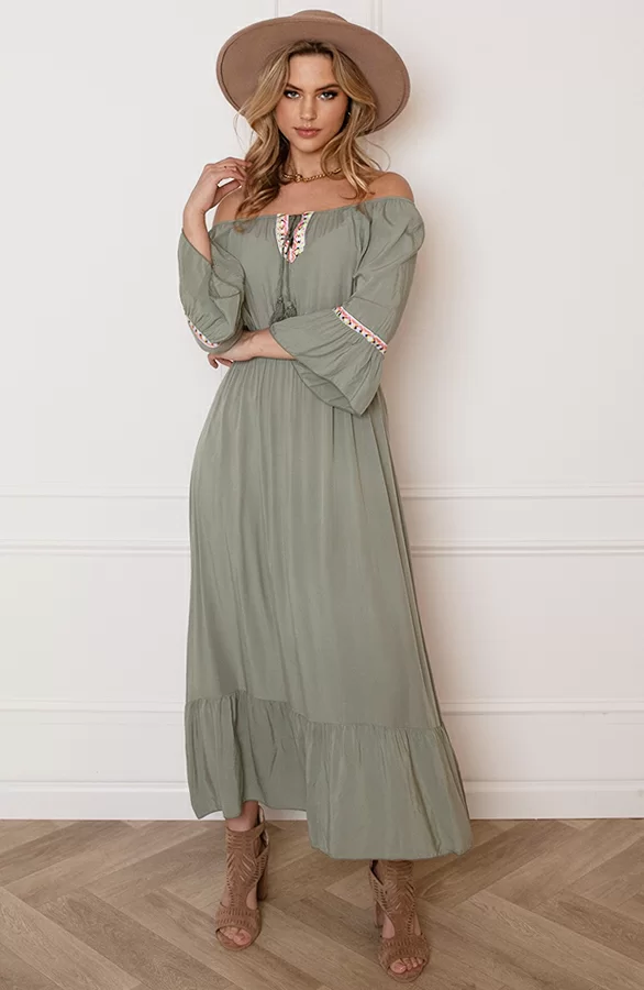 Maxi Offshoulder Jurk Laila Army 2 Maxi Offshoulder Jurk Laila Army - Afbeelding 2