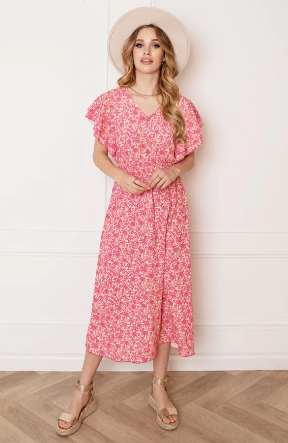 Midi Bloemenprint Jurk Alicia Roze 4 Midi Bloemenprint Jurk Alicia Roze - Afbeelding 4