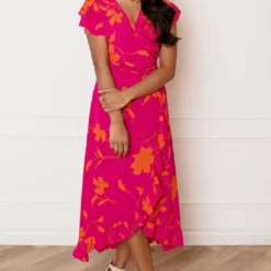 Midi Jurk Bloemen Jenny Roze Oranje -Mooie Stijl Verkoop Midi Jurk Bloemen Jenny Roze Oranje 4 586x900 1