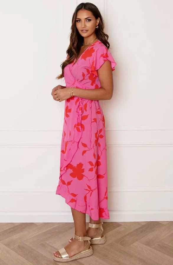 Midi Jurk Bloemen Jenny Roze Rood 6 Midi Jurk Bloemen Jenny Roze Rood - Afbeelding 6