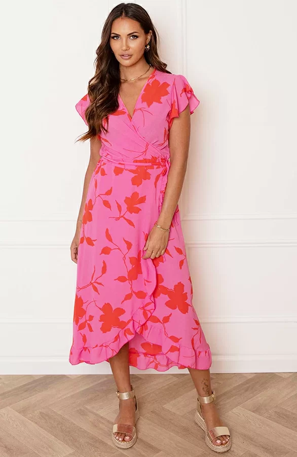 Midi Jurk Bloemen Jenny Roze Rood 2 Midi Jurk Bloemen Jenny Roze Rood - Afbeelding 2