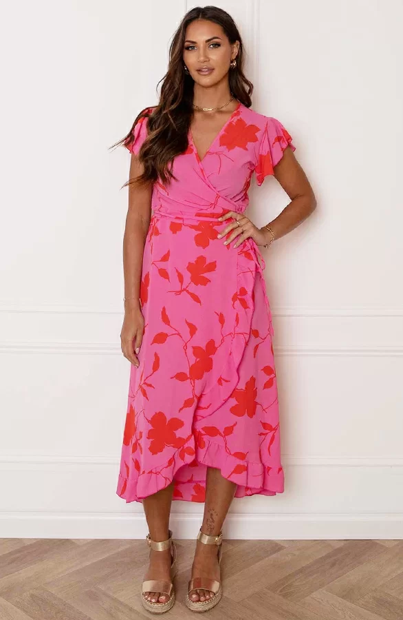 Midi Jurk Bloemen Jenny Roze Rood 1 Midi Jurk Bloemen Jenny Roze Rood