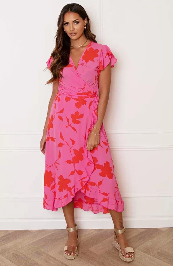 Midi Jurk Bloemen Jenny Roze Rood 5 Midi Jurk Bloemen Jenny Roze Rood - Afbeelding 5