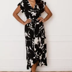 Midi Jurk Bloemen Jenny Zwart Beige -Mooie Stijl Verkoop Midi Jurk Bloemen Jenny Zwart Beige 1 586x900 1