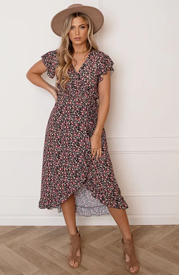 Midi Jurk Bloemenprint Jenny Zwart Koraal 2 Midi Jurk Bloemenprint Jenny Zwart Koraal - Afbeelding 2