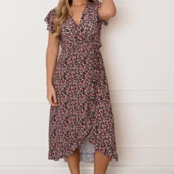 Midi Jurk Bloemenprint Jenny Zwart Koraal