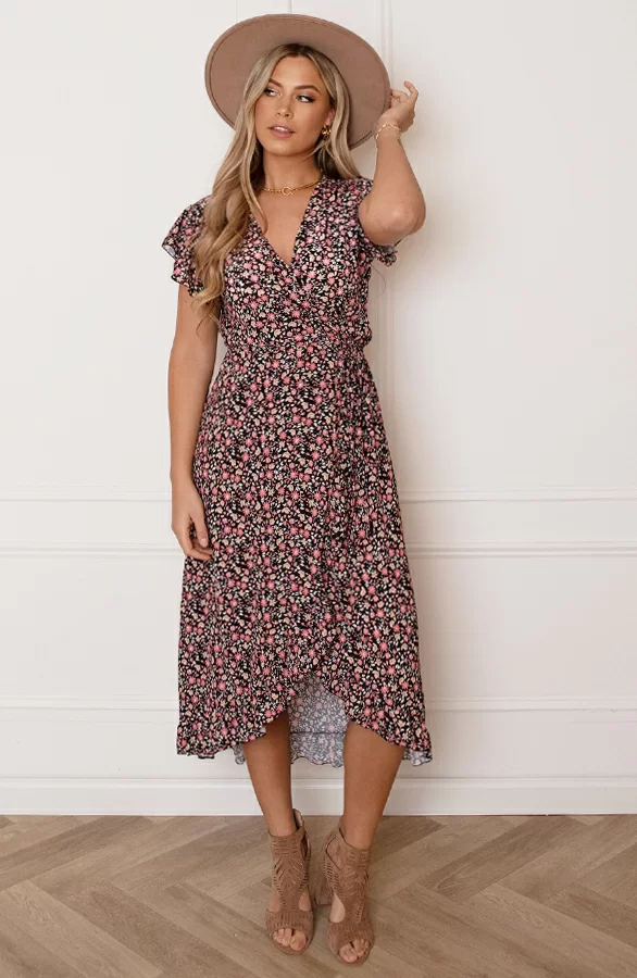 Midi Jurk Bloemenprint Jenny Zwart Koraal 10 Midi Jurk Bloemenprint Jenny Zwart Koraal - Afbeelding 10