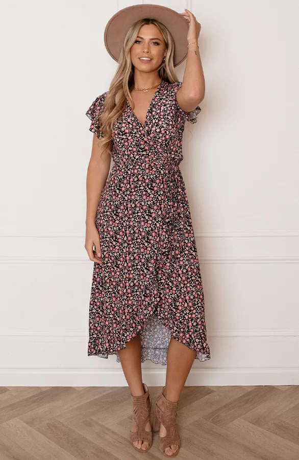 Midi Jurk Bloemenprint Jenny Zwart Koraal 3 Midi Jurk Bloemenprint Jenny Zwart Koraal - Afbeelding 3