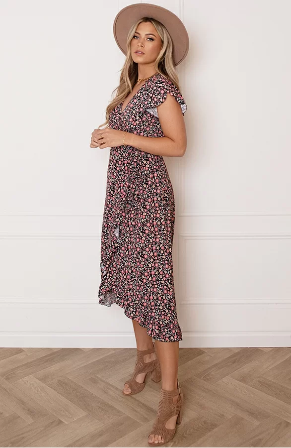 Midi Jurk Bloemenprint Jenny Zwart Koraal 5 Midi Jurk Bloemenprint Jenny Zwart Koraal - Afbeelding 5