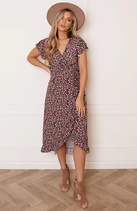 Midi Jurk Bloemenprint Jenny Zwart Koraal 9 Midi Jurk Bloemenprint Jenny Zwart Koraal - Afbeelding 9