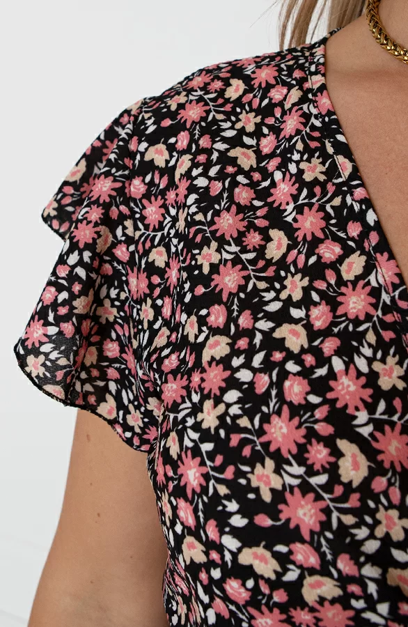 Midi Jurk Bloemenprint Jenny Zwart Koraal 7 Midi Jurk Bloemenprint Jenny Zwart Koraal - Afbeelding 7