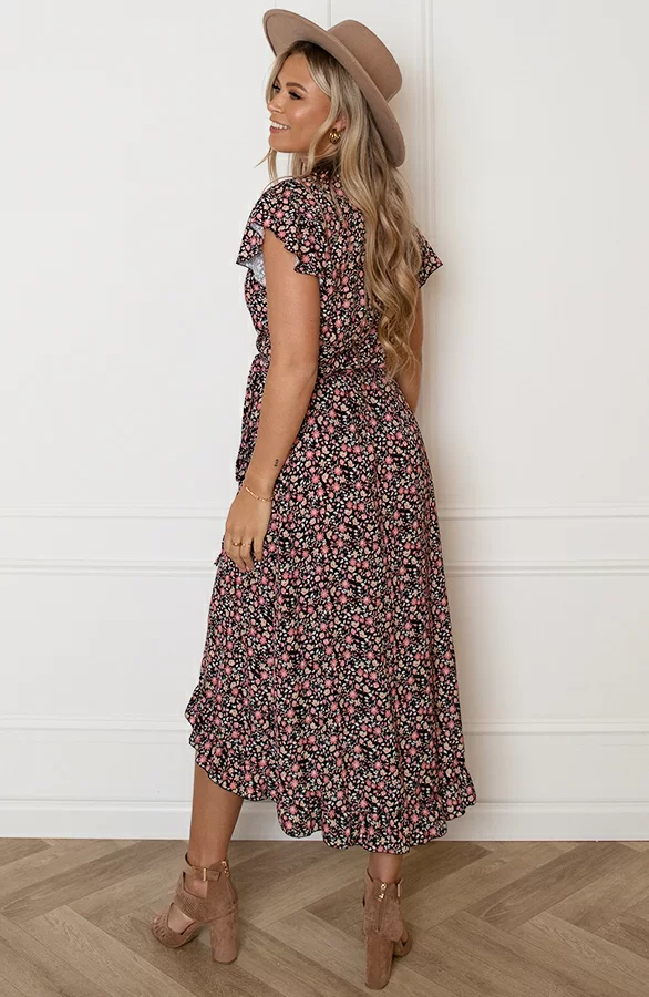 Midi Jurk Bloemenprint Jenny Zwart Koraal 6 Midi Jurk Bloemenprint Jenny Zwart Koraal - Afbeelding 6