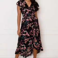 Midi Jurk Bloemenprint Jenny Zwart Roze -Mooie Stijl Verkoop Midi Jurk Bloemenprint Jenny Zwart Roze 1 586x900 2