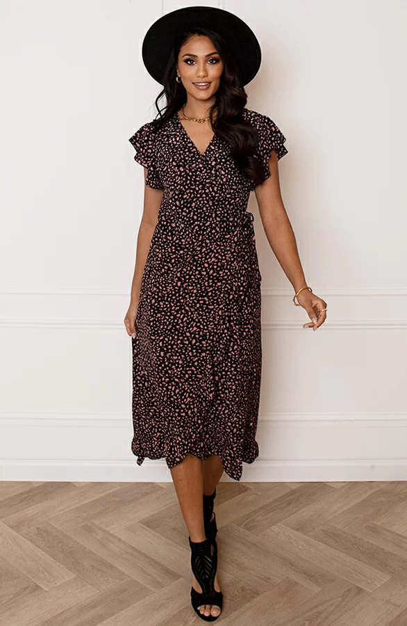 Midi Jurk Cheetah Jenny Zwart Koraal 2 Midi Jurk Cheetah Jenny Zwart Koraal - Afbeelding 2