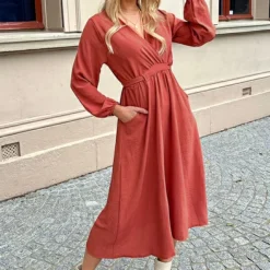 Midi Jurk Met Zakken Leah Terracotta