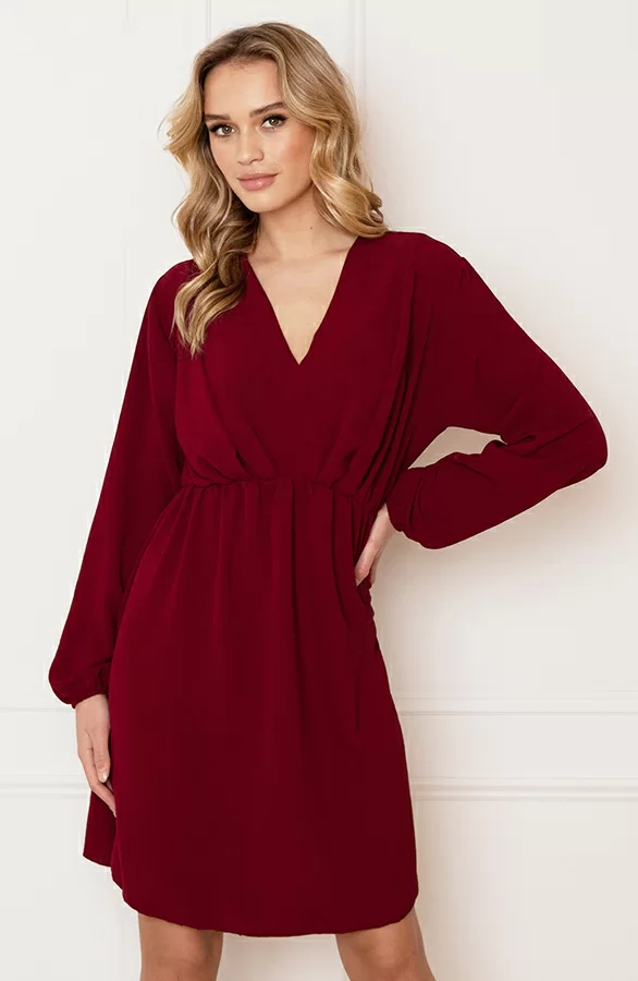 Plooien V-hals Jurk Tess Bordeaux 1 Plooien V-hals Jurk Tess Bordeaux