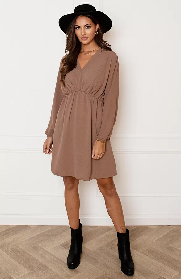 Plooien V-hals Jurk Tess Taupe 5 Plooien V-hals Jurk Tess Taupe - Afbeelding 5