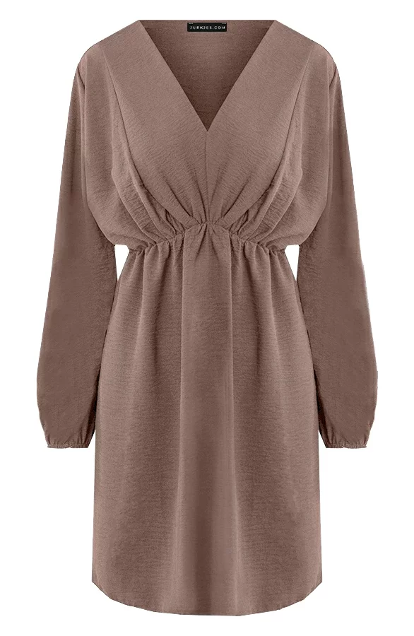 Plooien V-hals Jurk Tess Taupe 10 Plooien V-hals Jurk Tess Taupe - Afbeelding 10