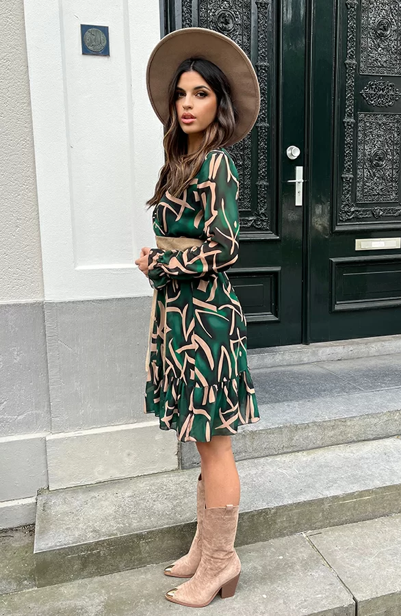 Print V-hals Jurk Lauren Smaragd Goud 5 Print V-hals Jurk Lauren Smaragd Goud - Afbeelding 5