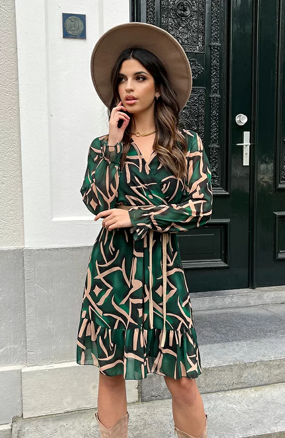 Print V-hals Jurk Lauren Smaragd Goud 2 Print V-hals Jurk Lauren Smaragd Goud - Afbeelding 2