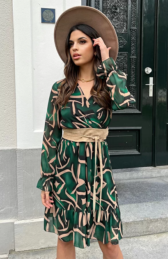 Print V-hals Jurk Lauren Smaragd Goud 1 Print V-hals Jurk Lauren Smaragd Goud