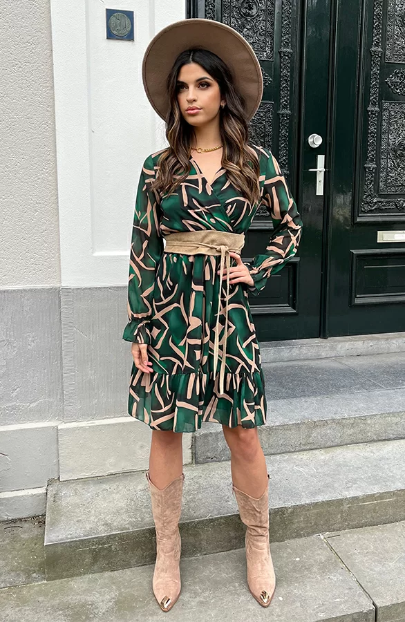 Print V-hals Jurk Lauren Smaragd Goud 4 Print V-hals Jurk Lauren Smaragd Goud - Afbeelding 4