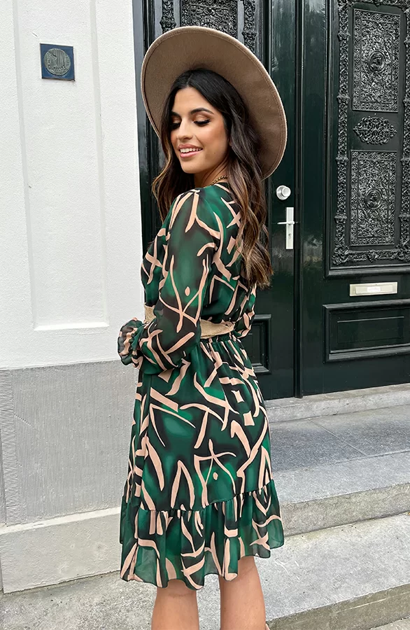 Print V-hals Jurk Lauren Smaragd Goud 3 Print V-hals Jurk Lauren Smaragd Goud - Afbeelding 3