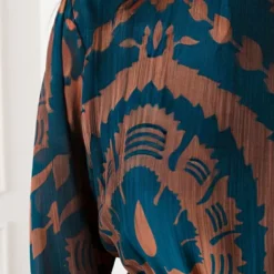 Ruches Print Jurk Rosan Petrol Bruin -Mooie Stijl Verkoop Ruches Print Jurk Rosan Petrol Bruin 1 586x900 1