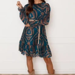 Ruches Print Jurk Rosan Petrol Bruin -Mooie Stijl Verkoop Ruches Print Jurk Rosan Petrol Bruin 2 586x900 1