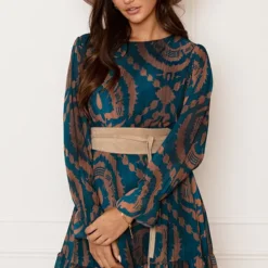 Ruches Print Jurk Rosan Petrol Bruin