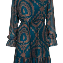 Ruches Print Jurk Rosan Petrol Bruin -Mooie Stijl Verkoop Ruches Print Jurk Rosan Petrol Bruin 586x900 1