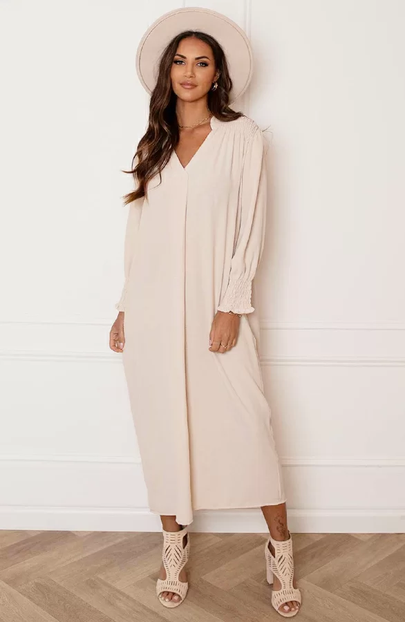 Smocked Maxi Jurk Babette Beige 7 Smocked Maxi Jurk Babette Beige - Afbeelding 7