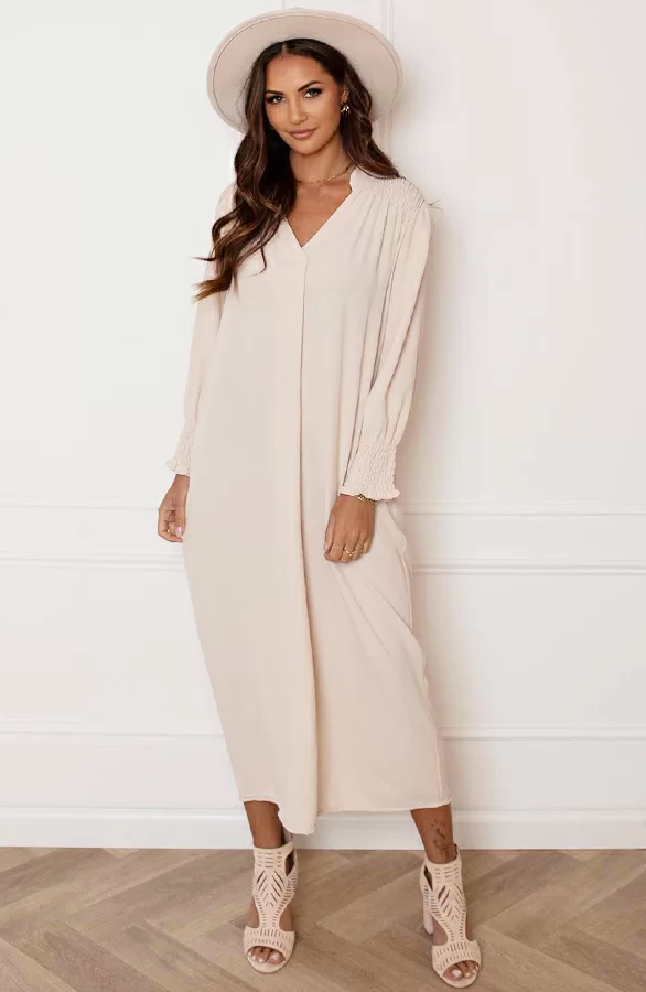 Smocked Maxi Jurk Babette Beige 8 Smocked Maxi Jurk Babette Beige - Afbeelding 8