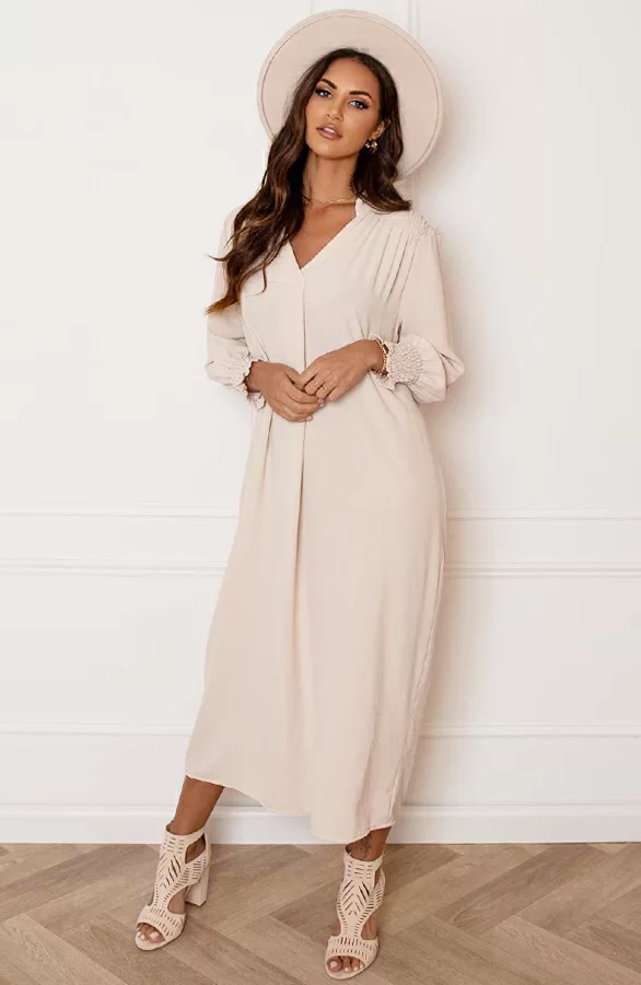 Smocked Maxi Jurk Babette Beige 3 Smocked Maxi Jurk Babette Beige - Afbeelding 3