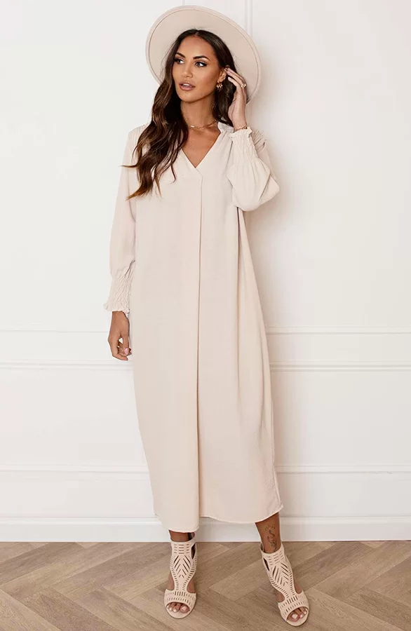 Smocked Maxi Jurk Babette Beige 4 Smocked Maxi Jurk Babette Beige - Afbeelding 4