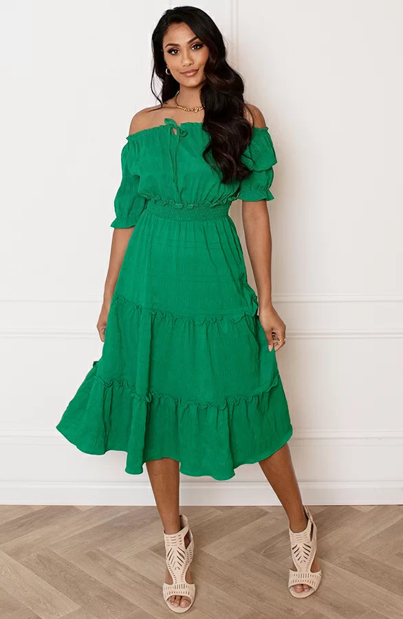 Smocked Offshoulder Jurk Sophia Bright Green 2 Smocked Offshoulder Jurk Sophia Bright Green - Afbeelding 2