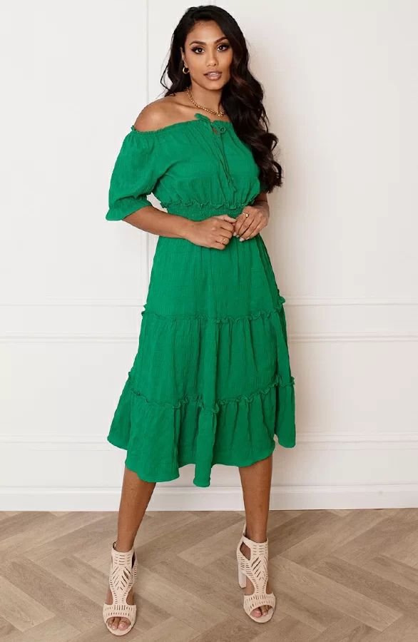 Smocked Offshoulder Jurk Sophia Bright Green 4 Smocked Offshoulder Jurk Sophia Bright Green - Afbeelding 4