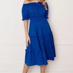 Smocked Offshoulder Jurk Sophia Kobalt