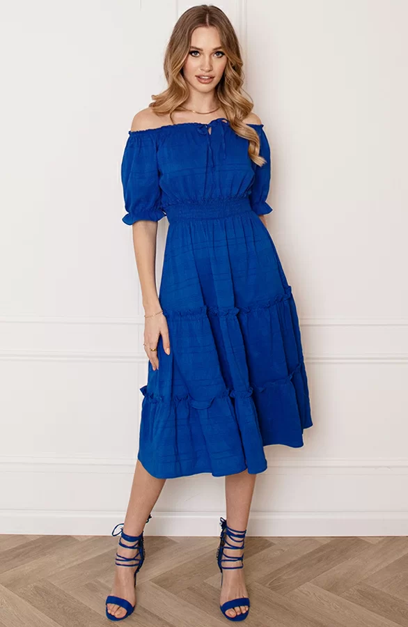 Smocked Offshoulder Jurk Sophia Kobalt 1 Smocked Offshoulder Jurk Sophia Kobalt