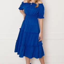 Smocked Offshoulder Jurk Sophia Kobalt 8 Smocked Offshoulder Jurk Sophia Kobalt -Mooie Stijl Verkoop Smocked Offshoulder Jurk Sophia Kobalt 5 586x900 1