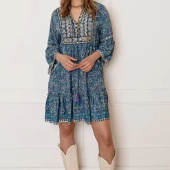 V-hals Detailed Paisley Jurk Dilara Blauw