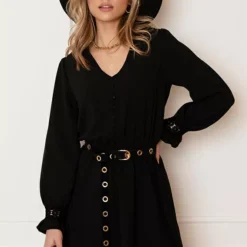 V-hals Knopen Jurk Emmy Zwart